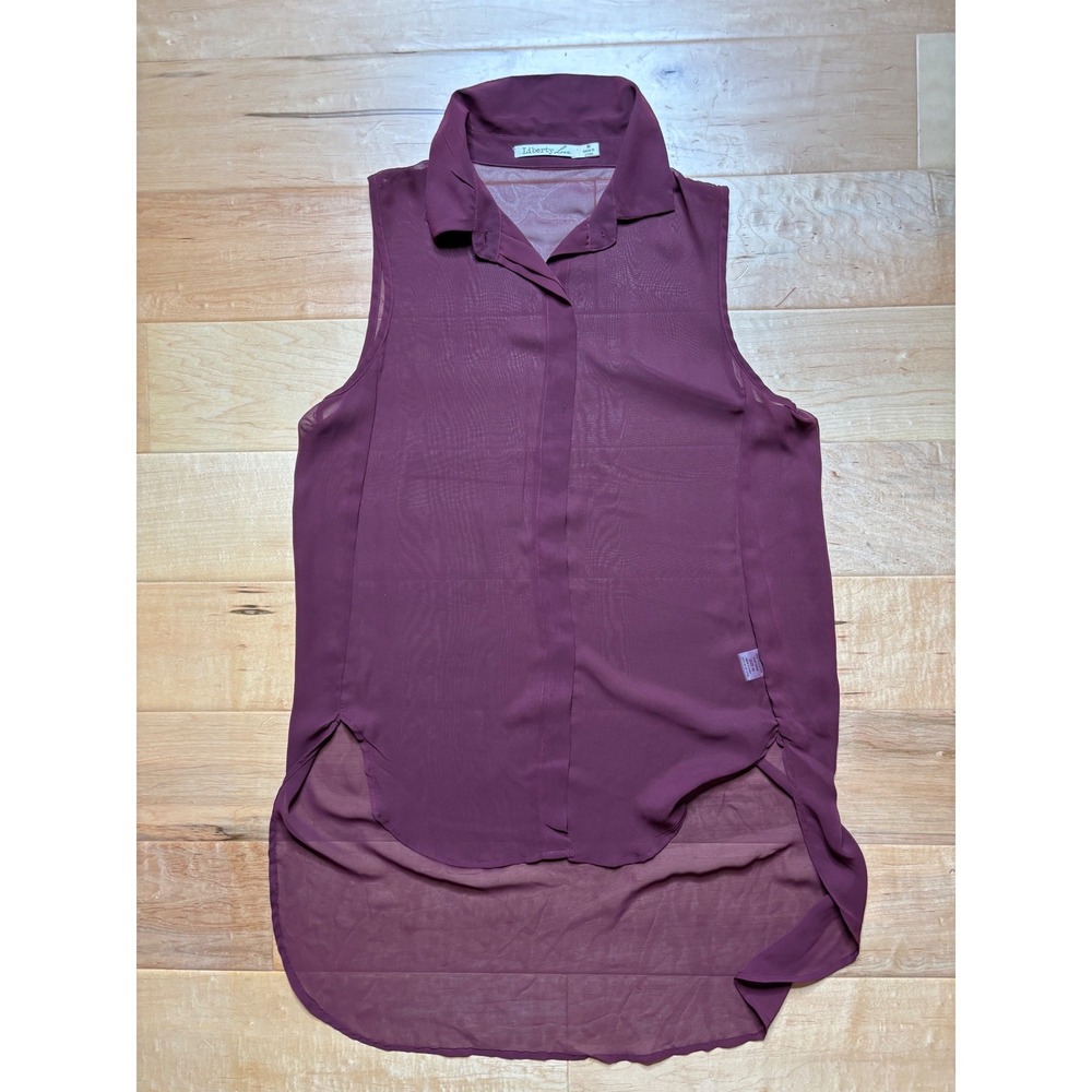 Liberty Love Sheer Sleeveless Blouse Women Medium Burgundy High LowTop